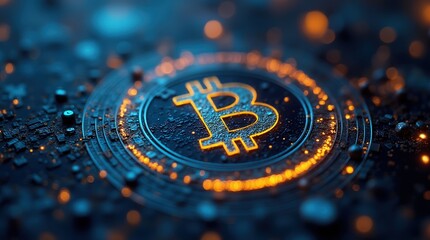 Glowing bitcoin symbol on a digital circuit board background