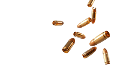 Bullets flying with explosive impact on transparent background