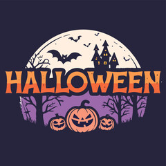 Halloween tshart halloween night scene with haunted house, bats, and pumpkins, a spooky and festive illustration for holiday decorations and themed events, perfect for invitations and posters