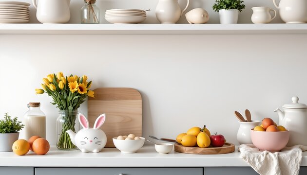 A well equipped kitchen counter with various cooking utensils, ingredients, and a vase