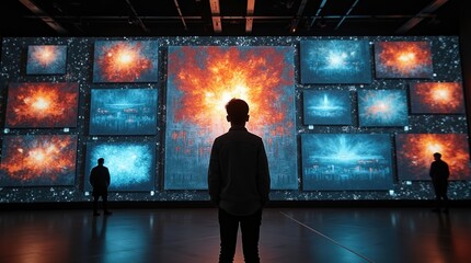 Silhouette of a person observing a large digital display of cosmic explosions and nebulae