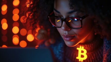 Woman wearing glasses looking at a glowing bitcoin symbol on her neck