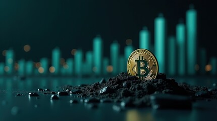 Golden bitcoin coin emerging from dark soil with blurred stock market chart background