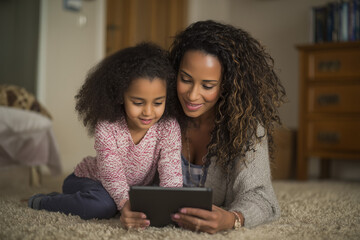 Two people, mother and daughter, are smiling and sitting on the sofa at home, looking at a digital tablet for communication and education