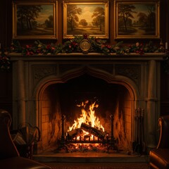 Cozy Fireplace with Burning Wood and Traditional Christmas Decorations in Living Room at Night