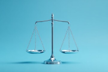 Silver balance scales on a bright blue background symbolizing justice