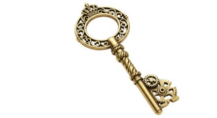 Ornate vintage golden key with crown isolated PNG with Transparent Background