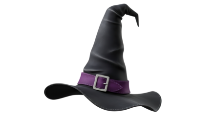 Black witch hat with purple band for Halloween costume isolated PNG with Transparent Background