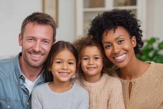Happy Hispanic family portrait with smiling parents and their children, a group of boys and girls together
