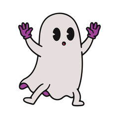Cartoon ghost with purple gloves and surprised expression standing on two legs with arms raised up high
