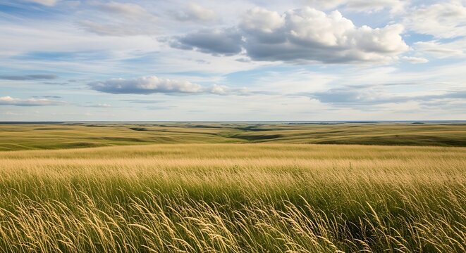 Golden prairie grass sweeps across endless rolling hills under a vast blue sky scattered with white cumulus clouds, capturing the wide expanse of the Great Plains.

