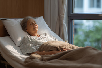 A senior woman sleeping peacefully on a sofa at home, resting her head on a pillow