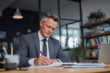 A handsome businessman in a suit is sitting at his office desk, working on a laptop with a professional smile