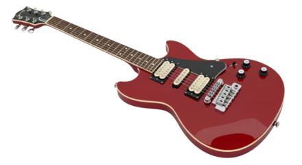 Red electric guitar instrument close-up studio shot isolated PNG with Transparent Background