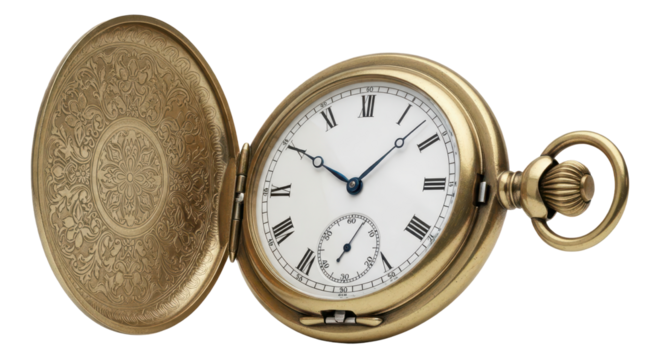 Vintage gold pocket watch with open lid isolated PNG with Transparent Background
