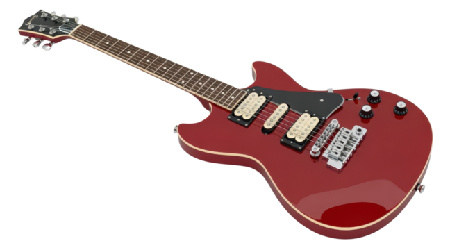 Red electric guitar instrument close-up studio shot isolated PNG with Transparent Background - Powered by Adobe