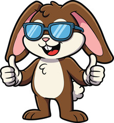 Cool cartoon bunny rabbit wearing blue sunglasses and smiling with thumbs up, cute happy animal mascot illustration for kids design