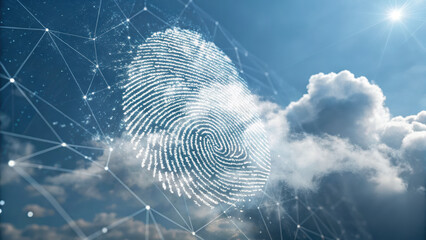 Digital transformation cloud computing migration fingerprint security concept with network connections and cloudscape evoking
