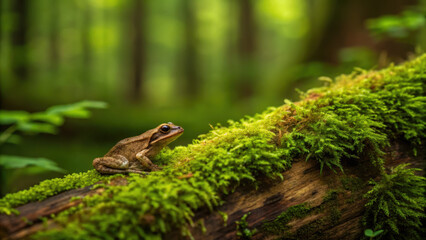 Biodiversity conservation endangered reforestation frog moss log forest wildlife habitat nature green atmosphere