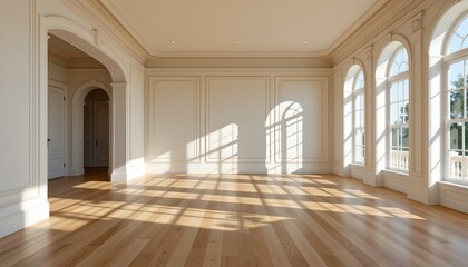 A spacious, well lit room with high ceilings and large windows that allow ample natural light to fill the space. The room is characterized by a modern, minimalist interior design