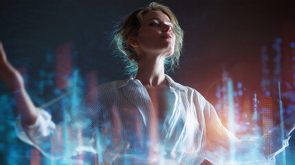 Female entrepreneur surrounded by data visualization holograms