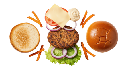 Exploded view of a plant-based burger with all ingredients in the air isolated PNG with Transparent Background