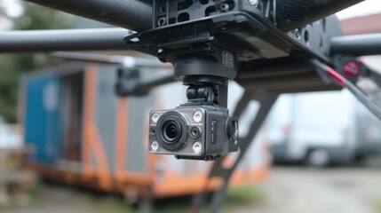 Detailed view of a modular drone camera mounting system for payload customization main mount in clear focus and the outoffocus drone frame behind.