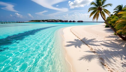 A picturesque beachfront scene with clear blue water in the foreground leading to a light blue expanse that resembles lagoons or sea