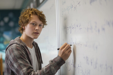 Young student in classroom writing a design plan on the whiteboard during a technology education presentation meeting