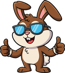 Cute cartoon bunny rabbit wearing blue sunglasses and smiling with double thumbs up, funny happy animal mascot illustration vector design