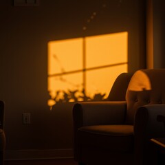 Warm Sunlight Casting Window Shadow on Armchair Against Gray Wall