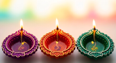  colorful three Diya lamp for celebration Diwali Indian Festival of Lights, Hindu festival, Navratri, religion, holiday, Greeting card, design, art, banner related concept, colorful blur background