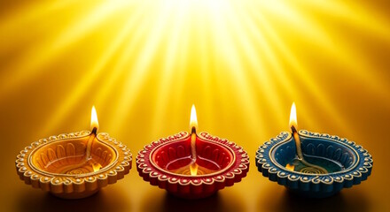  colorful three Diya lamp for celebration Diwali Indian Festival of Lights, Hindu festival, Navratri, religion, holiday, Greeting card, design, art, banner related concept, golden ray blur background