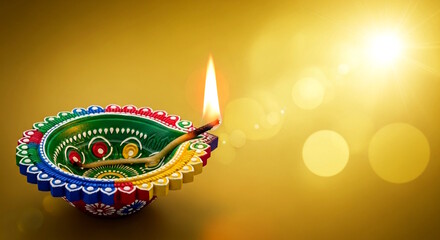  colorful Diya lamp for celebration Diwali Indian Festival of Lights, Hindu festival, Navratri, religion, holiday, Greeting card, design, art, banner related concept, golden bokeh blur background