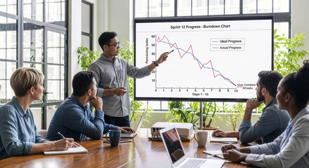 Asian scrum master presenting sprint burndown chart to diverse agile team during agile scrum sprint, with ideal and actual progress of remaining tasks. Actual legible high quality text on the screen
