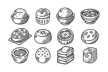 asian dessert, traditional sweets, oriental pastry, chinese snack vintage hand drawn engraving vector illustration element design set for restaurant menus, packaging, and food branding