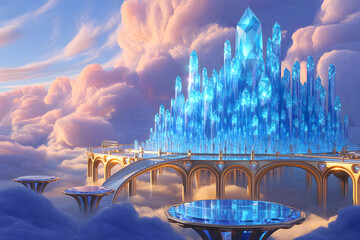 A grand city made entirely of glowing blue crystals, suspended in the clouds with golden bridges connecting floating towers.