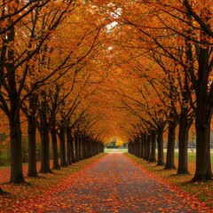 Autumn Road with Orange Fallen Leaves and Tall Trees Creating a Tunnel Effect in Natural Light