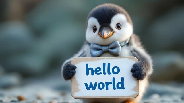 Cute Penguin Holding a "Hello World" Sign