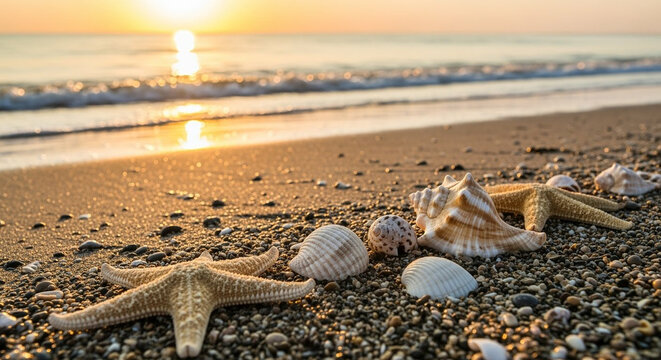 Golden hour glow bathes a tranquil sandy beach adorned with starfish and various seashells, with gentle ocean waves softly receding under a vibrant sunrise or sunset sky