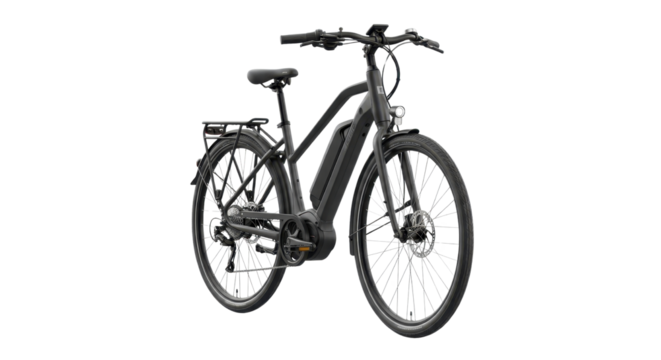 Black electric bicycle for commuting and recreation isolated PNG with Transparent Background