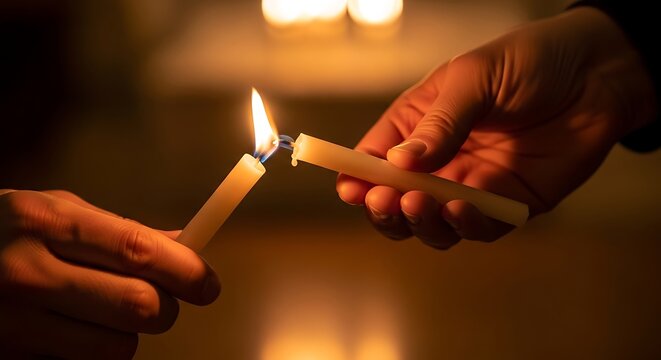 Two hands lighting a candle from another in a dimly lit environment - Powered by Adobe