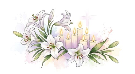White lilies and candles isolated on white background, a symbol of sympathy