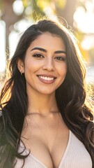 Smiling woman poses, backlit by warm sunlight