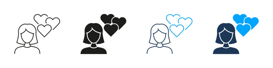 Woman With Hearts Line And Solid Icon Set. Love, Affection, And Relationship Symbol Collection. Emotional Connection And Care Representation. Isolated Vector Illustration