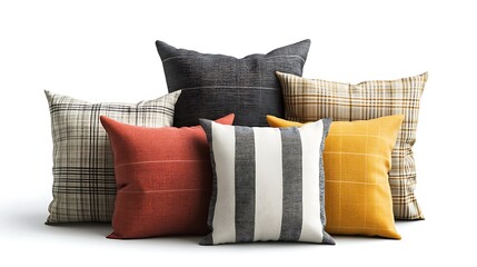Stylish Arrangement Assorted Decorative Pillows with Stripe, Plaid and Textured Patterns on a White Surface