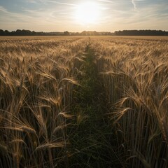 Golden Wheat Field at Sunset with Path Leading Through Landscape in Rural Area