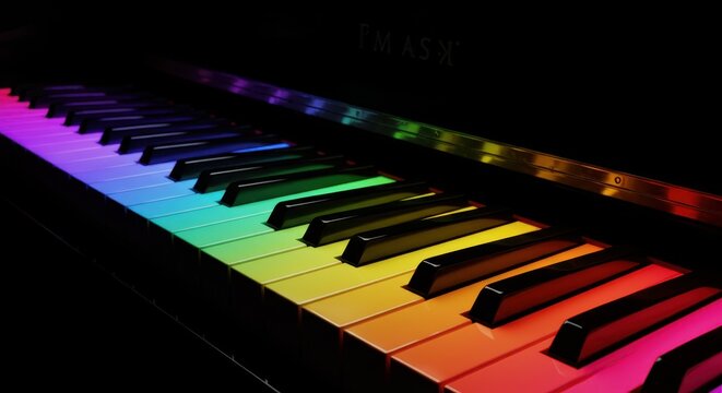 Colorful piano keyboard illuminated with rainbow lighting.