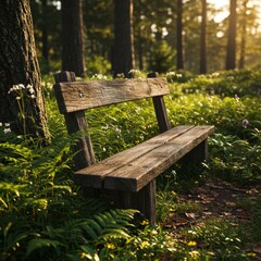 Wooden Bench among Wildflowers in a Verdant Forest with Sunlit Glade and Lush Green Undergrowth