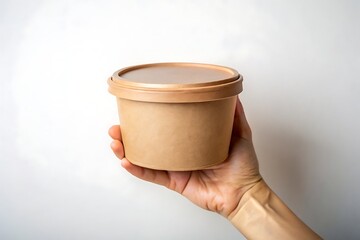 Hand holding a round brown paper food container with a lid against a white background